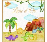 Livre d'or: Thème dinosaure| Palmiers, volcans, nuages| Baptême, Anniversaire, Naissance, Baby Shower, Gender Reveal | 100 pages à compléter | Idée de cadeau