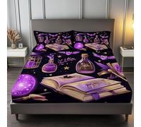 Livre Fantastique avec Chapeau Sorcière Drap-Housse Imprimé Noir, Parure De Lit Imprimé 180 x 200 cm, avec Deux Taies d'oreiller Beige Poche de 30 cm - Antidérapants Résistant aux Rides Drap Housse