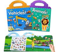 Livre Gommettes Enfants 2 3 4 Ans 2 Thèmes Animaux et Voiture Livre Autocollant Enfant Reutilisable avec Scènes Pliable et Repositionnables Illustrations pour Voyage en Train Avion Car Restaurant etc