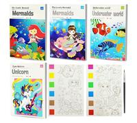 Livre magique des couleurs pour enfants | Lot de 4 livres d'activités pour enfants de 4 à 8 ans | Kit de peinture sur le thème de la licorne et de la sirène avec pinceau, cadeau de retour