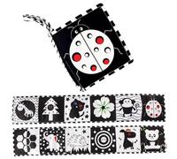 Livre pour bébé et blanc avec jolis motifs idéal pour les moments passés sur le ventre (0-6 mois et 6-12 mois) Jouet doux avec 4 cordes lavable couleurs résistantes réutilisable.