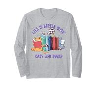 Livres de chats mignons et thé chat femme Manche Longue