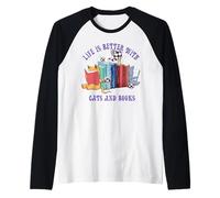 Livres de chats mignons et thé chat femme Manche Raglan