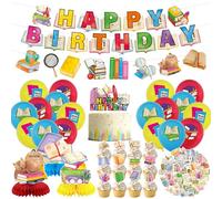 Livres de décorations de fête, comprend une bannière" Happy Birthday", des décorations de gâteaux, des livres, des autocollants, des ballons, des centres de table en nid d'abeille, pour bibliothèque