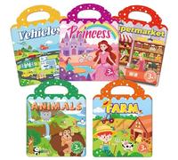 Livres Gommettes Enfants 2 3 4 Ans - Lot de 5 Livres Stickers Réutilisables Jelly, Livre Autocollant Enfant Garçon Fille, Thèmes Ferme Animaux Véhicules Supermarché Princesse, Jeux Voyage Enfant