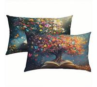 Livres Taies d'oreiller 50 x 90 Housse Coussin Lin Lot de 2, Taie Oreiller Arbre de Vie Housse de Coussin Impermeable pour Salon Lit Jardin, Douce Respirante avec Fermeture Éclair Invisible S6-157