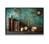 Livres Vintage Horloge Toile Art Mural Bougie Antique Décor Photos Oeuvres d’art Impressions pour Salon Bureau Bibliothèque Affiches Esthétiques Peinture 80x120cm avec Cadre Noir