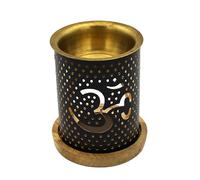 LivuX Aromafume Om Lampe parfumée en métal avec soucoupe en bois 9 x 8,5 cm Idéal pour les huiles essentielles, la détente et le parfum d'ambiance 1167