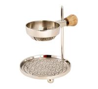 LivuX Brûleur d'encens en laiton nickelé, hauteur 11 cm, réglable, avec tamis Ø 5 cm et motif fleur de vie, pour bougie chauffe-plat et encens, manche en bois naturel 1219
