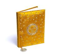LivuX Carnet de notes soleil et lune - Couverture en velours jaune - 20 × 15 cm - 160 pages lignées - Broderie avec perles décoratives - Journal spirituel pour magie, pleine conscience et travail