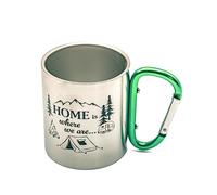 LivuX Gobelet en métal avec anse à mousqueton vert Home is where we are..Hauteur = 8 cm, Diamètre = 7 cm, Capacité : 200 ml Tasse de camping 1108