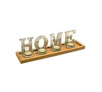LivuX Lot de 4 photophores Home avec 4 verres et bougies chauffe-plat, aspect bois et lettres argentées, 8,5 cm de haut, 35,5 cm de large - Décoration de table décorative 1126