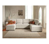Livy - canapé panoramique convertible - avec coffre - en velours côtelé - 7 places - droit - Beige