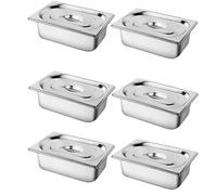 Liwankaqi Lot de 6 bols à panure, récipients GN 1/4 avec couvercle, 2,6 pouces de profondeur, en acier inoxydable, 26,5 x 16,2 x 6,5 cm, rectangulaires en métal pour escalopes, viande, poisson