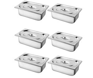 Liwankaqi Lot de 6 bols à panure, récipients GN 1/4 avec couvercle, 2,6 pouces de profondeur, en acier inoxydable, 26,5 x 16,2 x 6,5 cm, rectangulaires en métal pour escalopes, viande, poisson