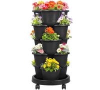 Liwankaqi Tour de plantation à 5 étages avec roulettes, empilable, vertical, pour balcon, pot de fleurs avec 5 pots et bac de récupération pour fraises, herbes et légumes, blanc