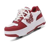 LIWLLIUA 2026 Chaussures à Roulette Garçons Filles, 2 en 1 Patins à roulettes Retractable Enfant avec 4 roulettes Chaussures de Skateboard Réglables Adolescents,815 Red,29