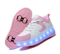 LIWLLIUA Chaussures à roulettes LED Enfant 4 Roues - Baskets Lumineuses à Roues Rétractables, Recharge USB, Unisexe Garçons et Filles, Cadeau Noël & Anniversaire,#s929 Pink Leather,31 EU