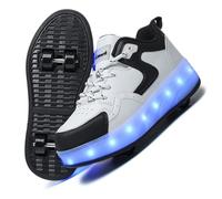 LIWLLIUA Chaussures à roulettes LED Enfant 4 Roues - Baskets Lumineuses à Roues Rétractables, Recharge USB, Unisexe Garçons et Filles, Cadeau Noël & Anniversaire,#s929 Black Leather,40 EU