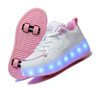 LIWLLIUA Chaussures à roulettes LED Enfant 4 Roues - Baskets Lumineuses à Roues Rétractables, Recharge USB, Unisexe Garçons et Filles, Cadeau Noël & Anniversaire,#s929 Pink Mesh,29 EU