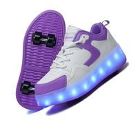 LIWLLIUA Chaussures à roulettes LED Enfant 4 Roues - Baskets Lumineuses à Roues Rétractables, Recharge USB, Unisexe Garçons et Filles, Cadeau Noël & Anniversaire,#s929 Purple Leather,33 EU