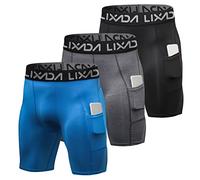 Lixada 3 pcs Hommes Compression Shorts Active Workout sous-Vêtements avec Poche Shorts Actifs pour Hommes pour la Formation de Cyclisme Baseball Basket-Ball Patinage,M,Bleu & Gris & Noir