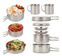 LIXADA Camping Batterie de Cuisine Mess Kit 8 PCS en Acier Inoxydable Camping Casseroles Ensemble avec Assiettes Tasses pour Pêche, Randonnée, Pique-Nique, Outdoor BBQ