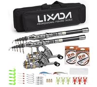 Lixada Ensemble de 2 Cannes à pêche 1,5/1,8/2,1/2,4 m, Moulinet télescopique en Fibre de Carbone, moulinets de pêche avec hameçons, leurres Souples, Baril émerillons, Sac de Rangement