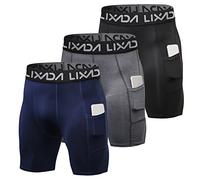 Lixada Lot de 3 Shorts de Compression pour Homme Active Workout sous-vêtements Couche de Base Collants Courts, Noir/Gris/Bleu foncé, XXL