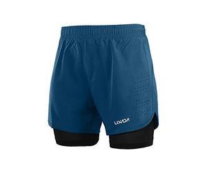 Lixada Short de Course 2 en 1 pour Homme - Séchage Rapide - Respirant - avec Chausson Long, Bleu Foncé, M