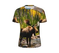 LIXLZH T-shirt à manches courtes pour homme, motif cerf, ours, orignal, convient pour le sport, le fitness, les activités de plein air, usage quotidien, noir, Taille S