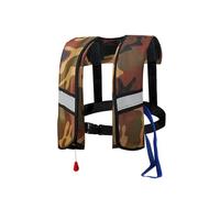 LIXQQS Gilet de Sauvetage 150N: 3s Gonflage Rapide, Bandes Réfléchissantes, Sifflet - Ajustable 20-120kg Adultes & Enfants(Brown Camo,Manual)