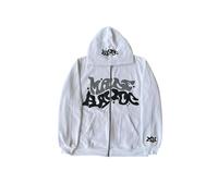 LIXQQS Hoodie Streetwear Revival Années 2000 Hommes, Coupe Oversize Décontractée avec Imprimé Alphabet Graffiti, Sweat à Capuche Tricoté, Veste à Capuche Y2K(White,S)