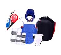 LIXSAZSE Ensemble d'équipement de de Taekwondo Comprenant : protège-Tibias, Casque, protège-côtes, Coquille, paos, Sac Rangement et Plastron rembourré, épais et Ajustable, Bleu, 110 à 130 cm