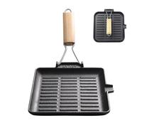 LIYGAOF Poêle à steak en fonte avec poignée en bois pliable : 20 × 20 cm Grill Pan induction Poêle carrée pour tous les types de plaques de cuisson Facile à nettoyer