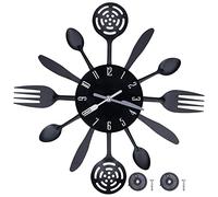LIYJTK Horloge de Cuisine Effet Miroir avec cuillère, Horloge Murale de Cuisine Moderne Noire, cuillère, Fourchette, Couverts, décoration de la Maison pour Salon, Chambre à Coucher