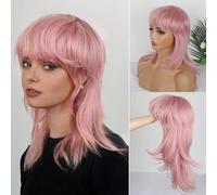 Liyouda Perruque rose mulet pour femme noire raide coupe loup perruque rose mulet superposé avec frange douce perruques synthétiques L