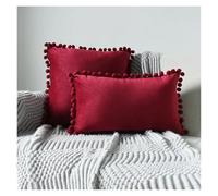 LIZHAYG Housse Coussin Lot de 2 Housses de Coussin décoratives en Velours Doux, Unies, for Grand canapé, avec Pompons.(Vintage Red,30x50cm with Filling)