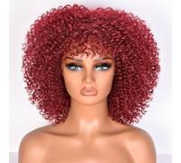 Lizzy Perruque afro bouclée, 25,4 cm, pour femme noire, synthétique, avec bangs, résistante à la chaleur, courte, ondulée, pour cosplay et quotidien, bordeaux