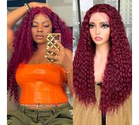 Lizzy Perruque afro bouclée avec dentelle frontale pour femme noire pré-épilée avec cheveux de bébé synthétiques sans colle 66 cm (rouge)