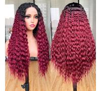 Lizzy Perruque afro bouclée avec dentelle frontale pour femme noire pré-épilée avec cheveux de bébé synthétiques sans colle 66 cm (rouge ombré)