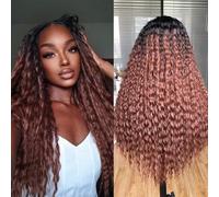 Lizzy Perruque afro bouclée avec dentelle frontale pour femme noire, pré-épilée avec cheveux de bébé, perruque synthétique sans colle, 66 cm (marron ombré)