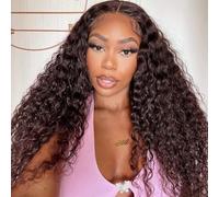 Lizzy Perruque afro bouclée avec dentelle frontale pour femme noire pré-épilée avec cheveux de bébé synthétiques longs bouclés sans colle 66 cm (marron foncé)