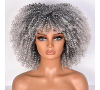 Lizzy Perruque afro bouclée, de 25,4 cm, pour femme noire, synthétique, avec bang, résistante à la chaleur, courte, ondulée, pour cosplay et quotidien, gris ombré