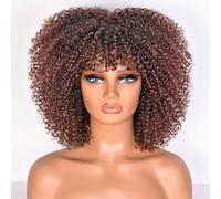 Lizzy Perruque afro bouclée de 25,4 cm, pour femme noire, synthétique, avec bangs, résistante à la chaleur, courte, ondulée, pour cosplay et quotidien, marron foncé
