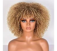 Lizzy Perruque afro bouclée de 25,4 cm, pour femme noire, synthétique, avec frange, résistante à la chaleur, courte, ondulée, pour cosplay et quotidien, blond ombré