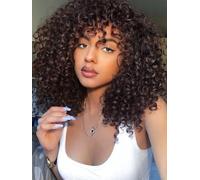 LIZZY Perruque afro courte bouclée avec frange pour femme noire, cheveux synthétiques africains, sans colle, résistantes à la chaleur, volumineuses, bouclées (marron)