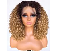 Lizzy Perruque bouclée avec dentelle frontale pour femme noire, perruque synthétique courte pré-épilée avec cheveux de bébé, ondulées profondes, 33 x 10,2 cm, sans colle HD (40,6 cm) (blond ombré)