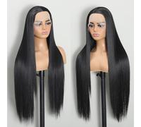 Lizzy Perruque frontale en dentelle synthétique pré-épilée, longue, droite, sans colle, 1b, noire de jais pour femme, fibre résistante à la chaleur, prête à porter, adaptée aux débutants, noire