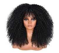 Lizzy Perruque afro bouclée pour femme noire, 45,72 cm, bombe afro, perruque bouclée avec Bangs, fibre synthétique, sans colle, perruques longues et bouclées pour fête quotidienne, noire